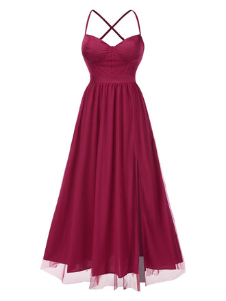 Red 1930s Solid Mesh Spaghetti Straps Evening Dress