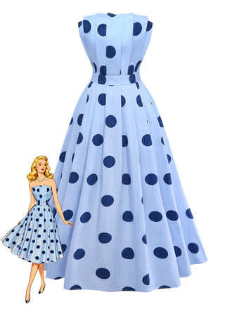 Blue 1940s Polka Dot Strapless Pleated Dress