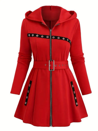 1960s Punk Hooded Zipper Belted Midi Jacket