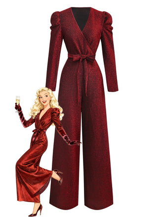 Red 1980s Glitter Deep-V Long Sleeve Jumpsuit
