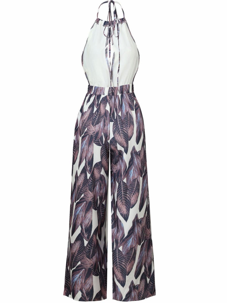 Purple 1970s Tropical Print V-Neck Wide Leg Jumpsuit