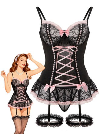 1970s Contrasted Lace Mesh Bow Lace-Up Lingerie Set