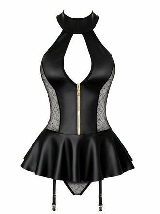 Black 1960s Patent Leather Zipper Sheer Sexy Mini Dress