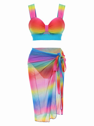 Multicolor 1960s Rainbow Gradient Ruched Bikini Set & Cover-Up