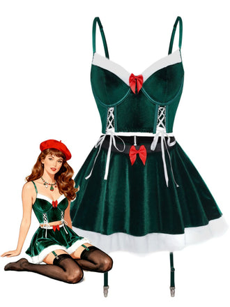 2PCS 1970 Christmas Velvet Top & Skirt Set