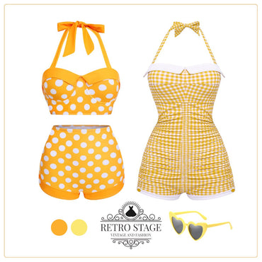 Yellow 1950s Polka Dots Halter Bikini Set
