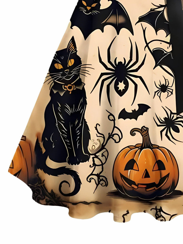 [Pre-Sale] Orange 1950s Halloween Pumpkin Cat Bat Print Swing Dress