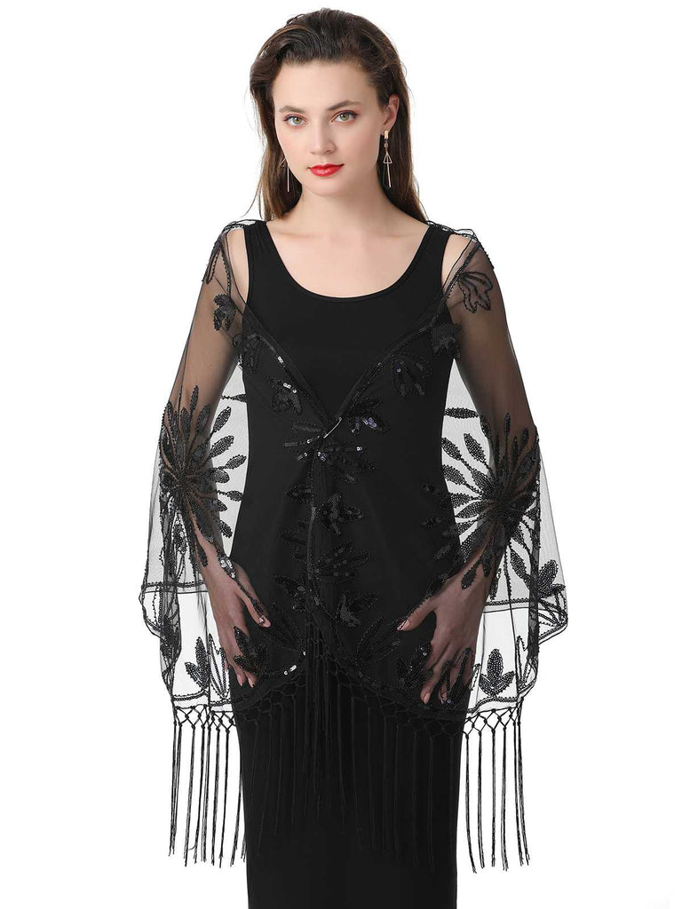 1920s Tassel Sequined Mesh Cape