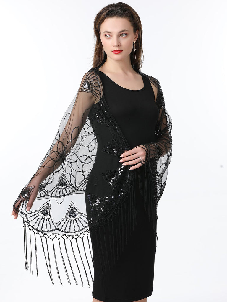 1920s Tassel Sequined Mesh Cape