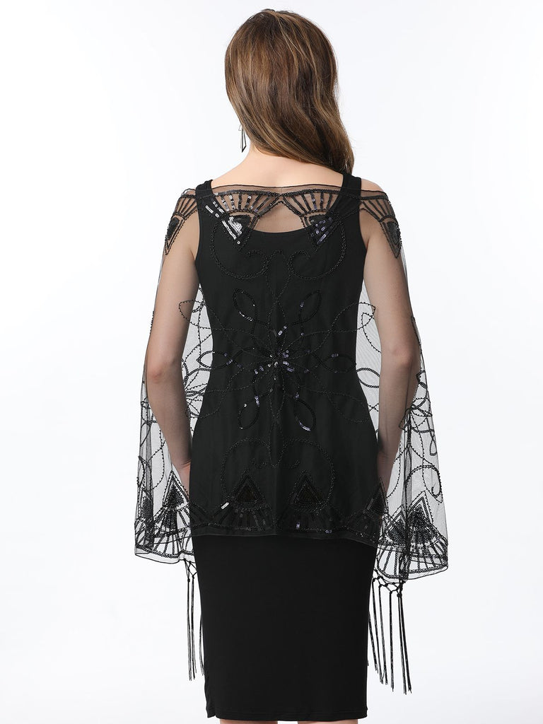 1920s Tassel Sequined Mesh Cape