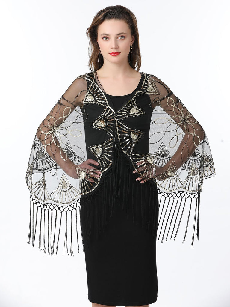 1920s Tassel Sequined Mesh Cape