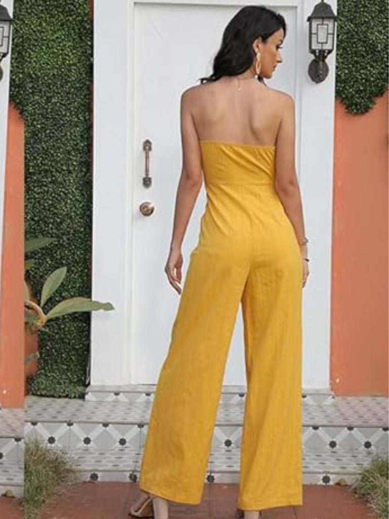 Yellow 1970s Strapless Bow Solid Jumpsuit