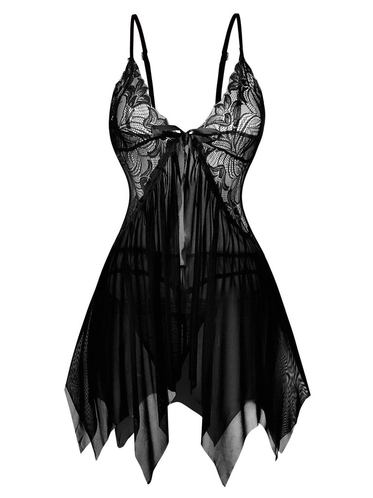 1980s Lace Satin Ribbon Babydoll Lingerie Set