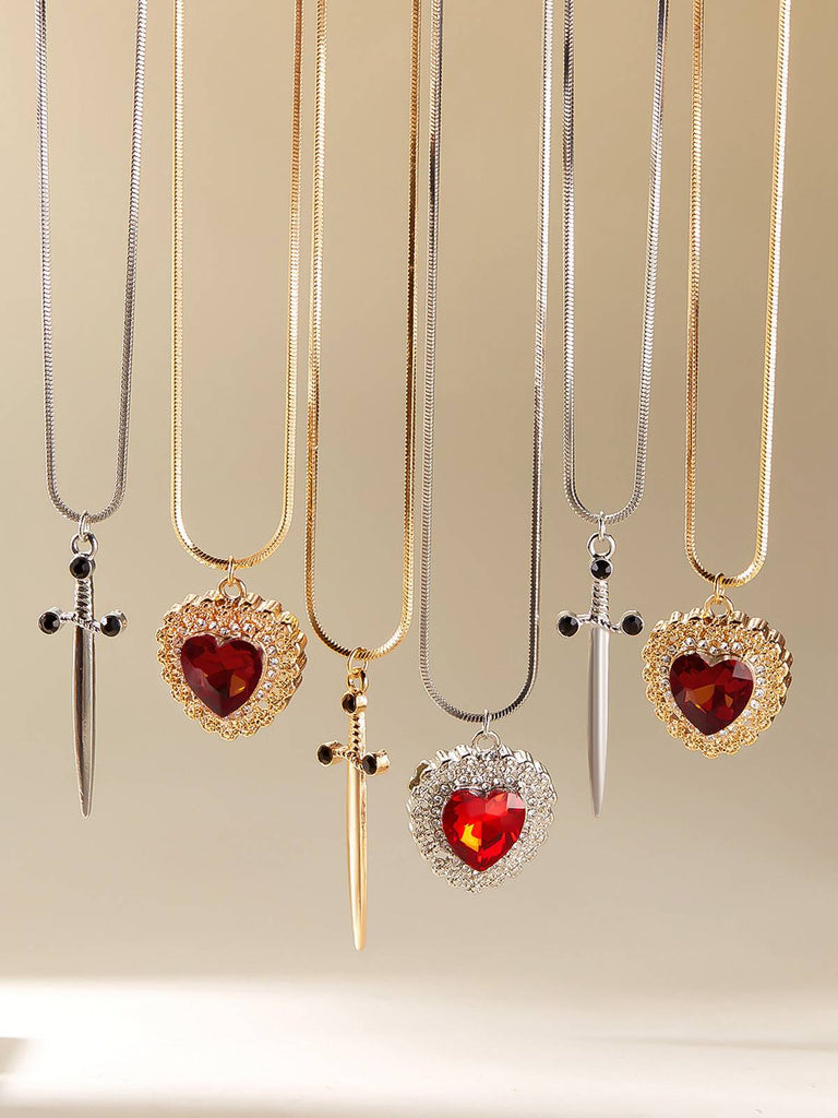 2PCS Vintage Rhinestone Heart-Shaped Ruby & Sword Necklace