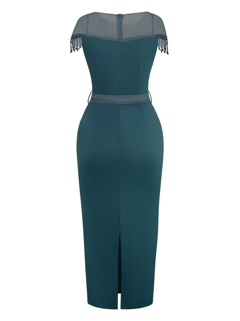 1960s Sheer Fringe Belted Bodycon Dress