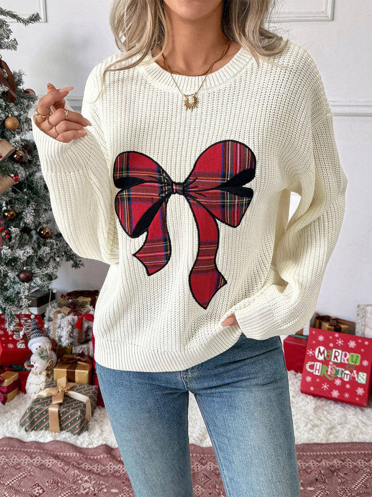 White 1980s Christmas Plaid Bow Round Neck Sweater