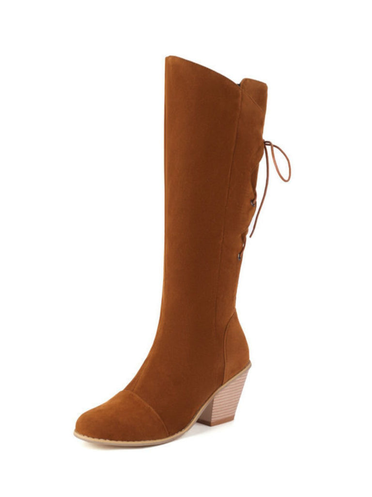 Suede Knee Lace-Up Block Heel Boots