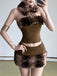 2PCS Brown 1980s Deer Faux Fur-Trimmed Crop Top & Skirt