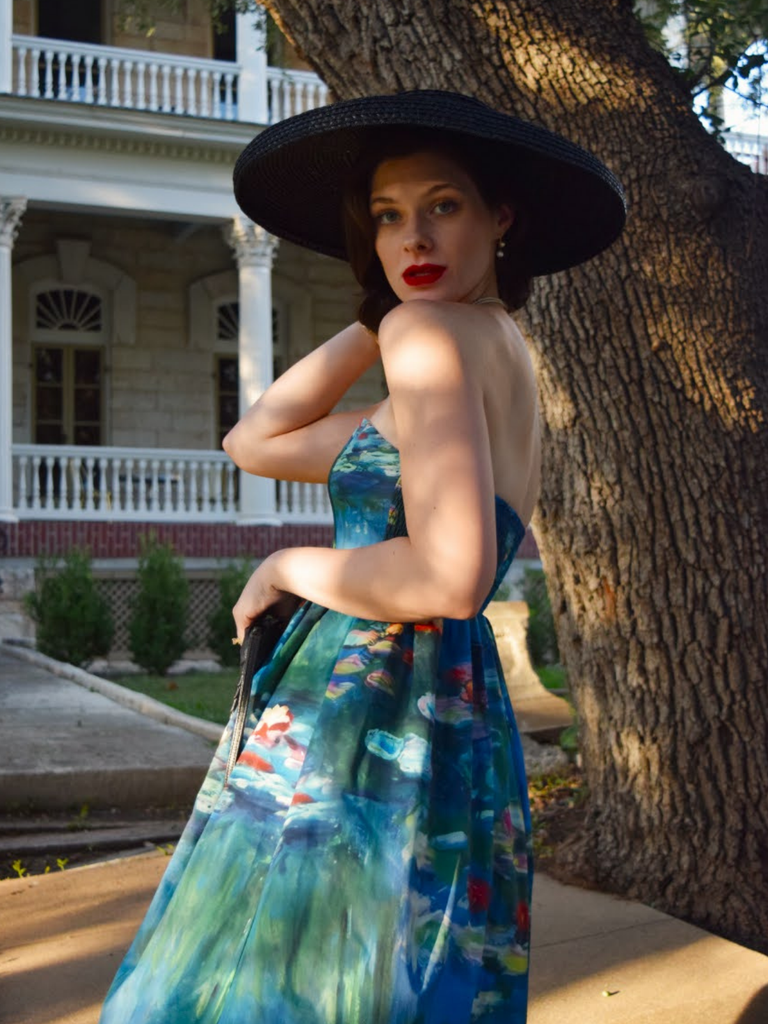Blue 1950s Water Lily Sweetheart Strapless Dress