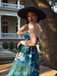 Blue 1950s Water Lily Sweetheart Strapless Dress