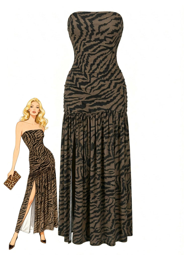 Front view: 1930s 1930s Bandeau Zebra Print Mesh Split Dress, perfect for retro themed parties, vintage fashion enthusiasts and special occasions