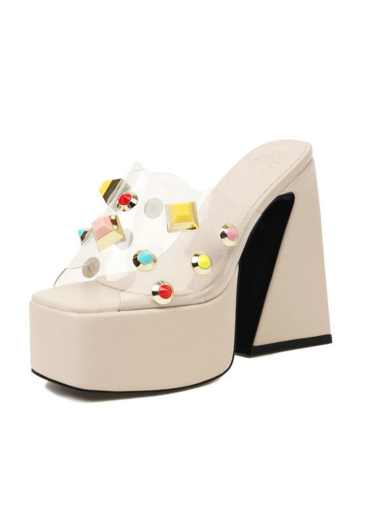 Gem Studded Transparent Chunky Heel Shoes