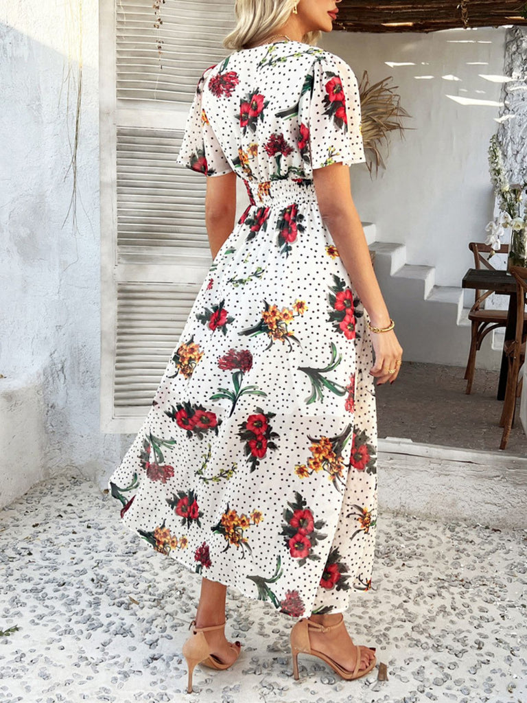 1940s Deep V-Neck Chiffon Polka Dots Floral Dress