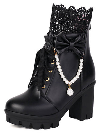 Vintage Lace Beaded Bow Chunky Heels Boots