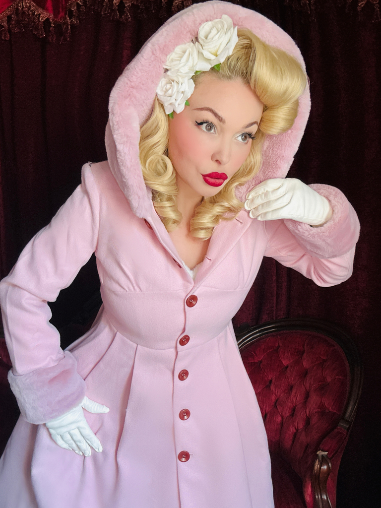Pink 1950s Faux-Wool Hooded Button Coat