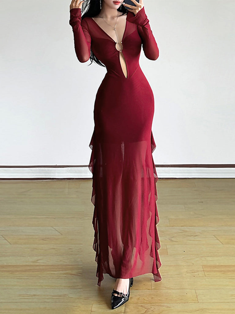 Wine Red 1970s Sheer Mesh Ruffle Maxi Dress