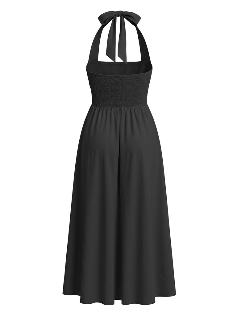 1940s Solid Wide-Strap Halter Backless Dress
