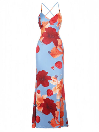 Red 1930s Floral Backless Slip Maxi Dress