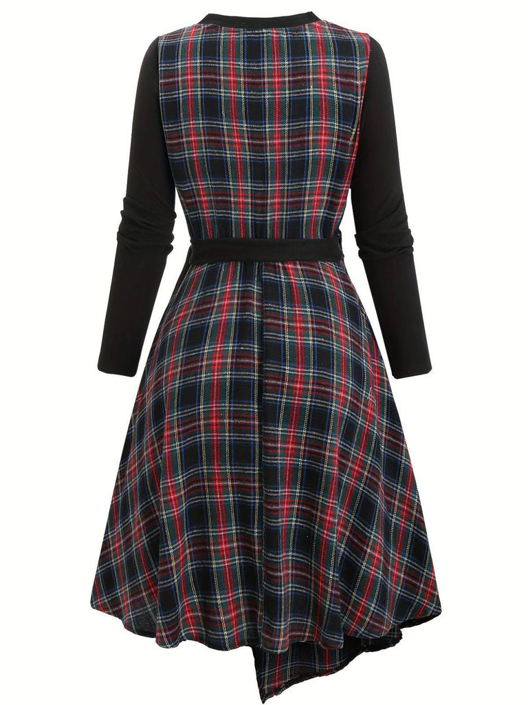 [Plus-Size] Black 1940s Cutout Plaid Patchwork Dress