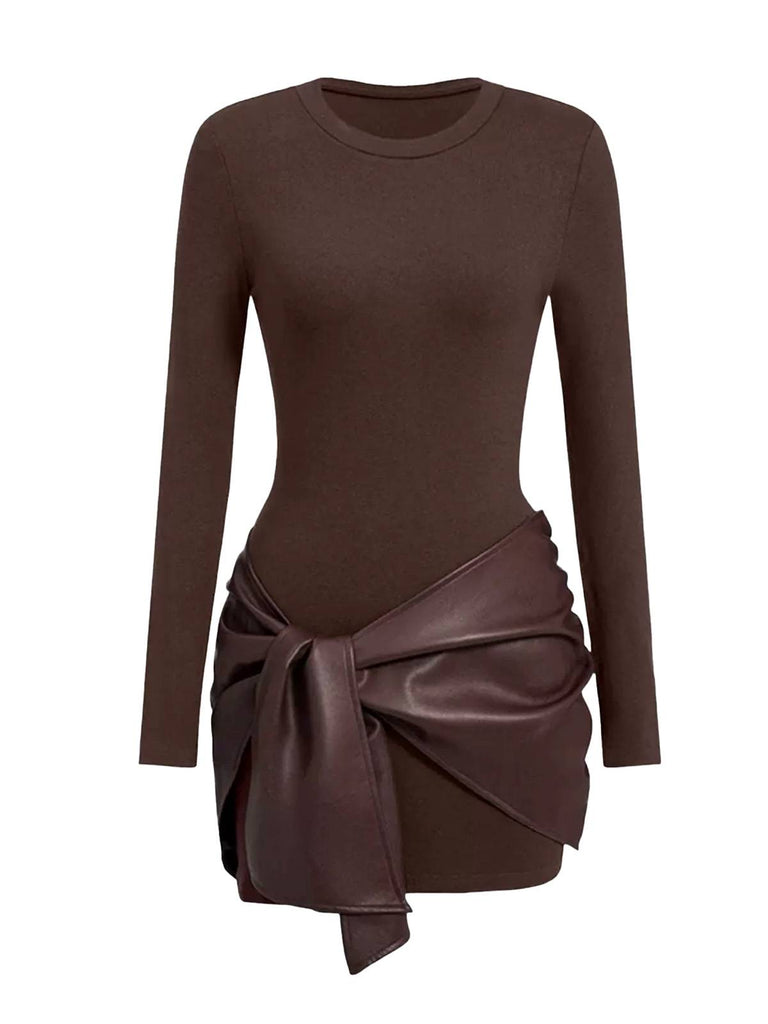 1980s Faux Leather Bow Long Sleeve Dress