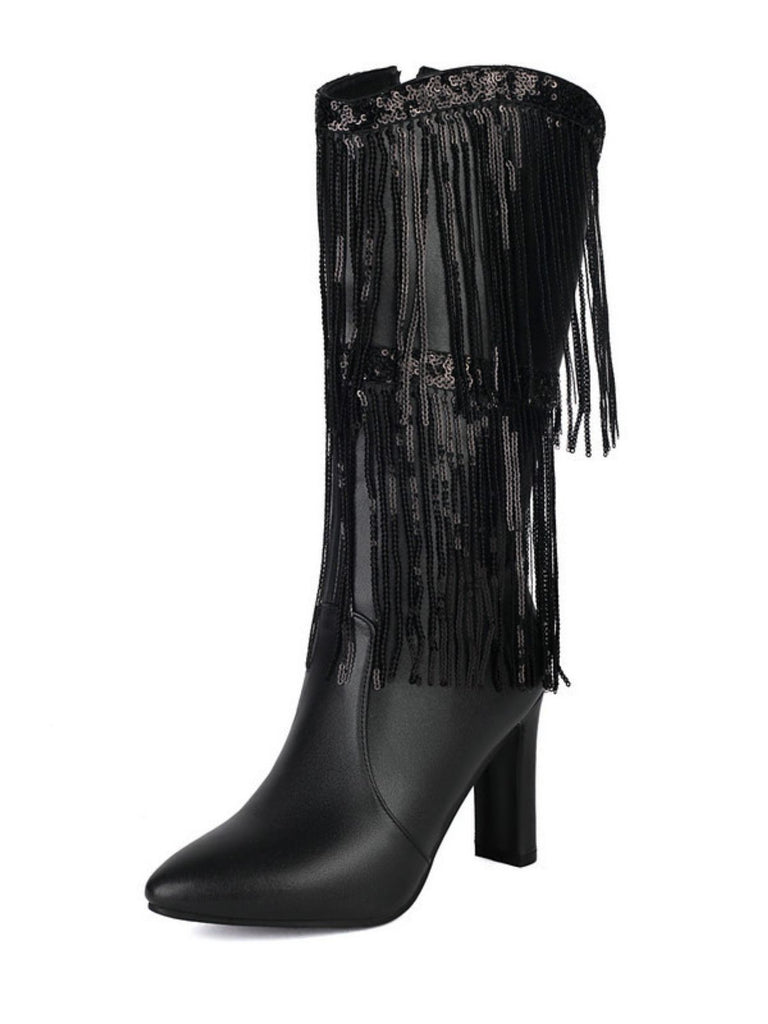 Metallic Pointed-toe Fringe Block-heel High Boots