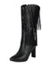 Metallic Pointed-toe Fringe Block-heel High Boots