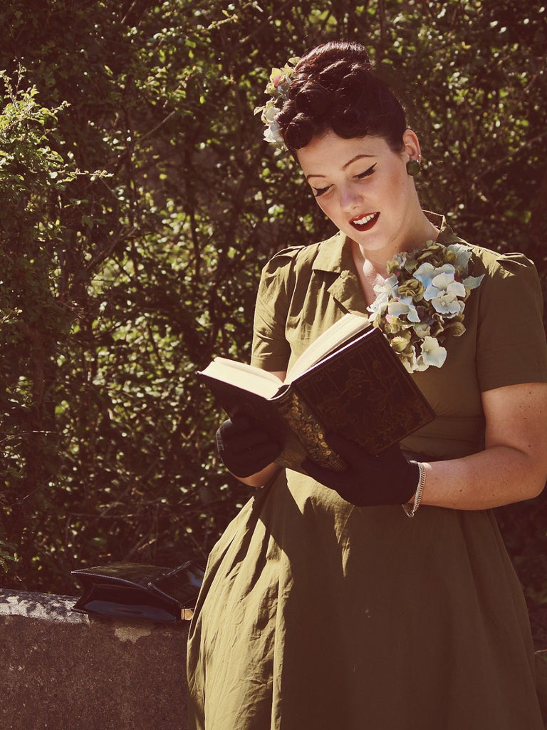 Green 1940s Lapel Buttoned Solid Dress