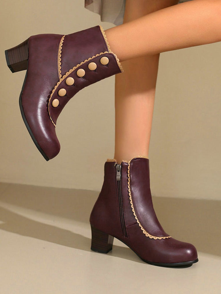 Vintage Faux Fur Lining Chunky Heel Short Boots