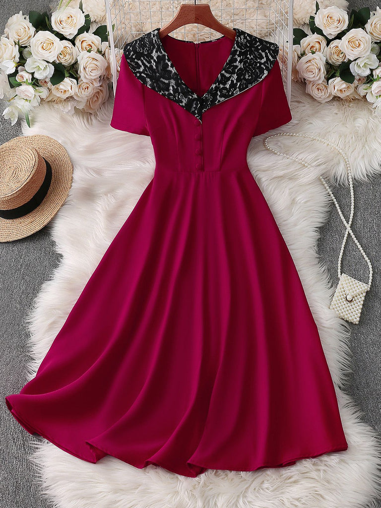 Red 1950s Lace Floral Sailor Collar Swing Dress