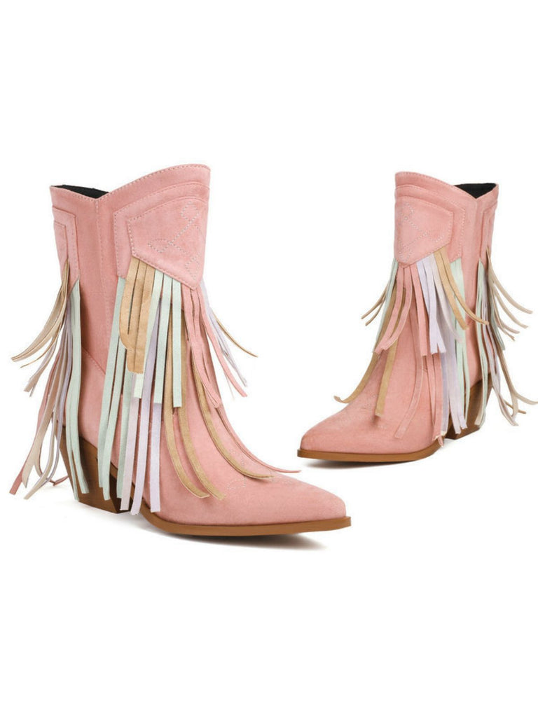 Vintage Tassel Mid Heel Flannelette Boots