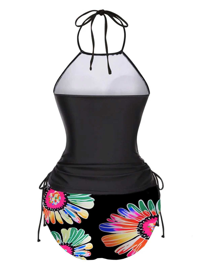 1960s Halter Neon Daisy Lace-Up Tankini Set