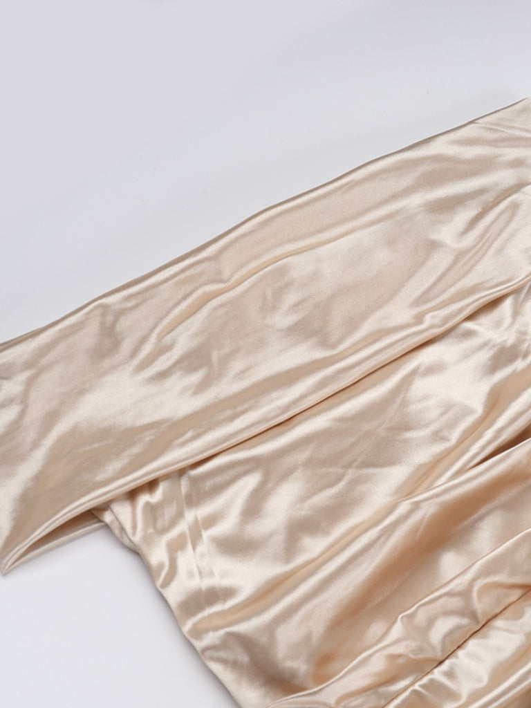 Champagne 1930s Off Shoulder Slit Satin Dress
