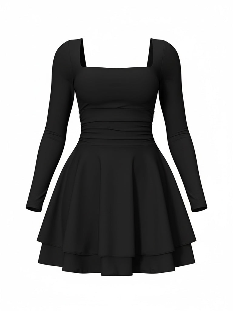 1980s Solid Fitted Square Neck Long Sleeve Dress