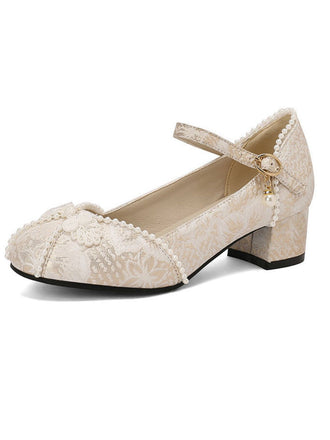 Floral Jacquard Pearl Mary Jane High Heels