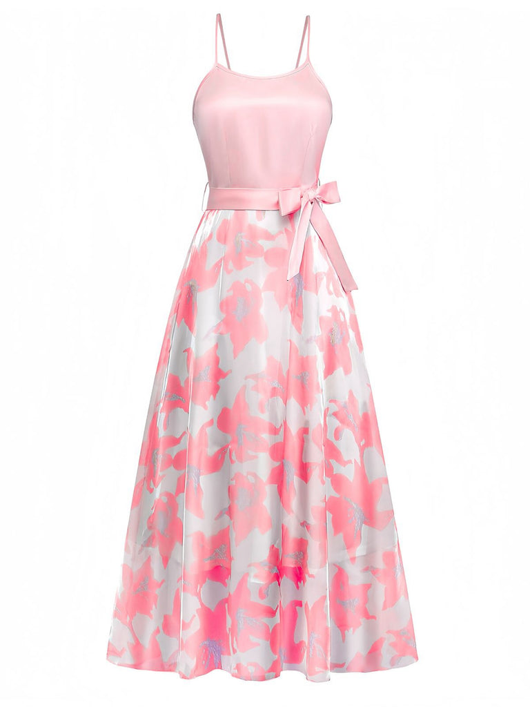 1930s Bow Organza Floral Spaghetti Straps Dress