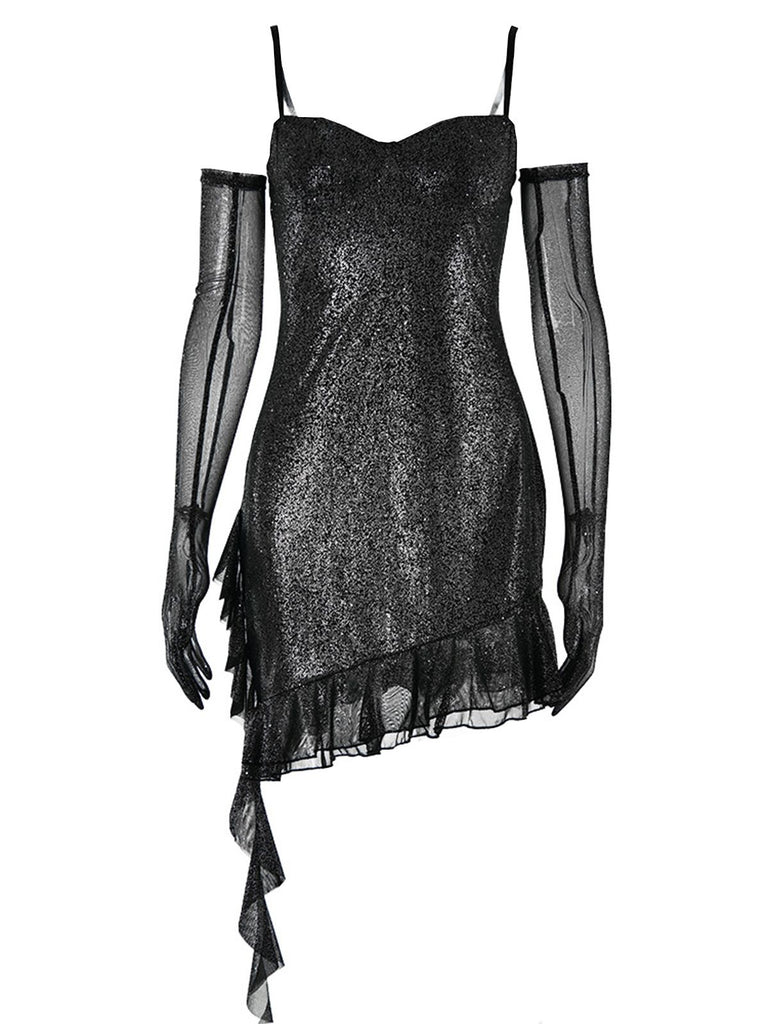 1980s Glitter Ruffled Spaghetti Strap Bodycon Dress