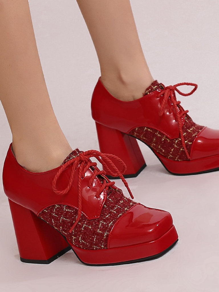 Mary Jane Plaid Square Toe Block Heel Shoes