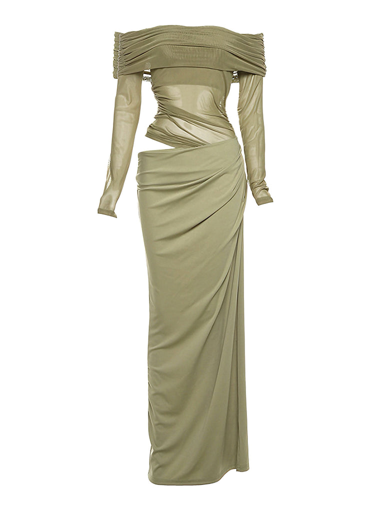 1980s Solid Off-Shoulder Mesh Cut-Out Sheer Dress