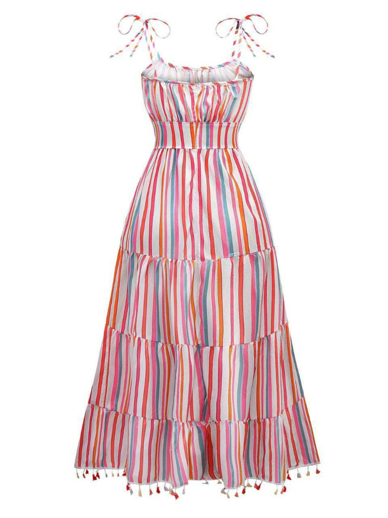 1970s Spaghetti Strap Rainbow Stripes Tiered Dress