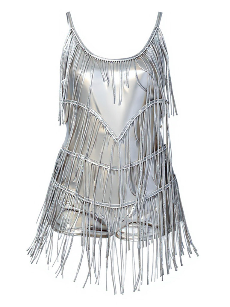 1920s Fringe Solid Backless Evening Dress